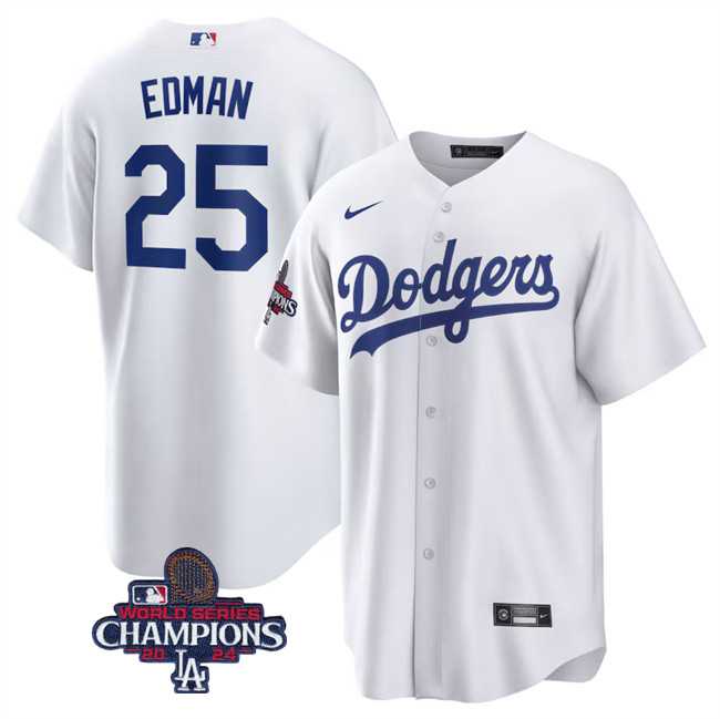 Mens Los Angeles Dodgers #25 Tommy Edman White 2024 World Series Champions Cool Base Stitched Baseball Jersey